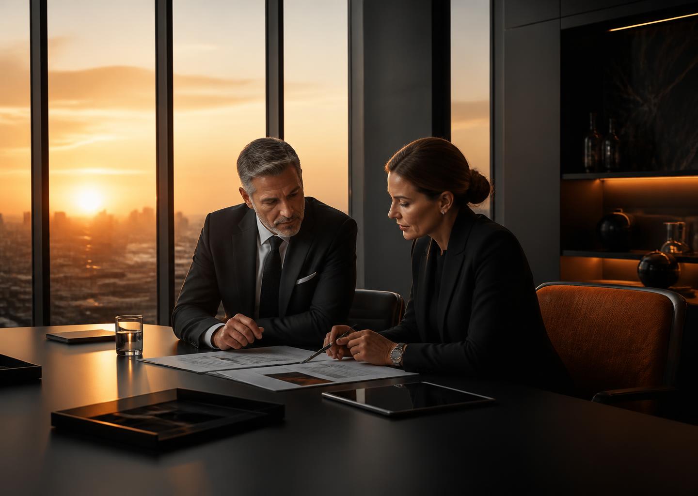 Senior executives reviewing strategy in a premium boardroom